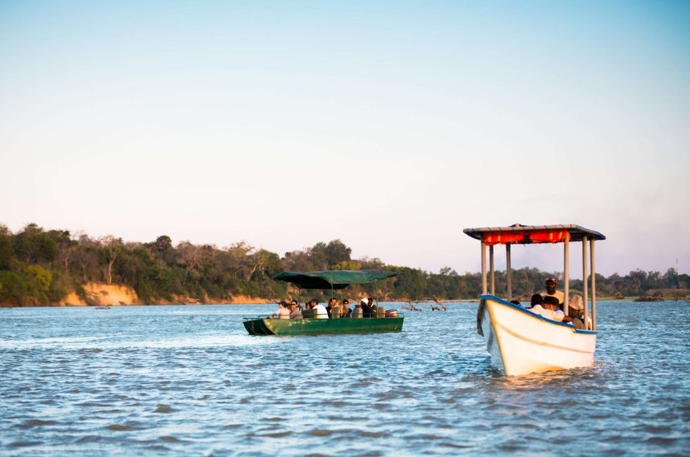 Selous Game Reserve, Tanzania - September 10, 2015: Water safari. Two groups of tourists with local guides are driving with the boat on Rufiji river in Selous Game Reserve (Tanzania, Africa), watching crocodiles and hippos in the river.